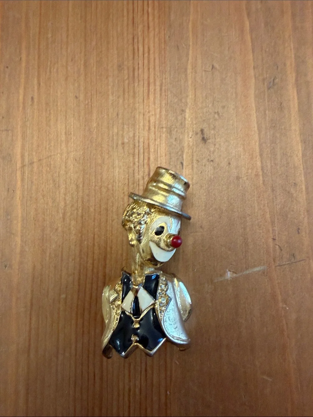 Gold-tone Jomaz Mazer Unsigned Clown Brooch with Black Vest and Red Nose